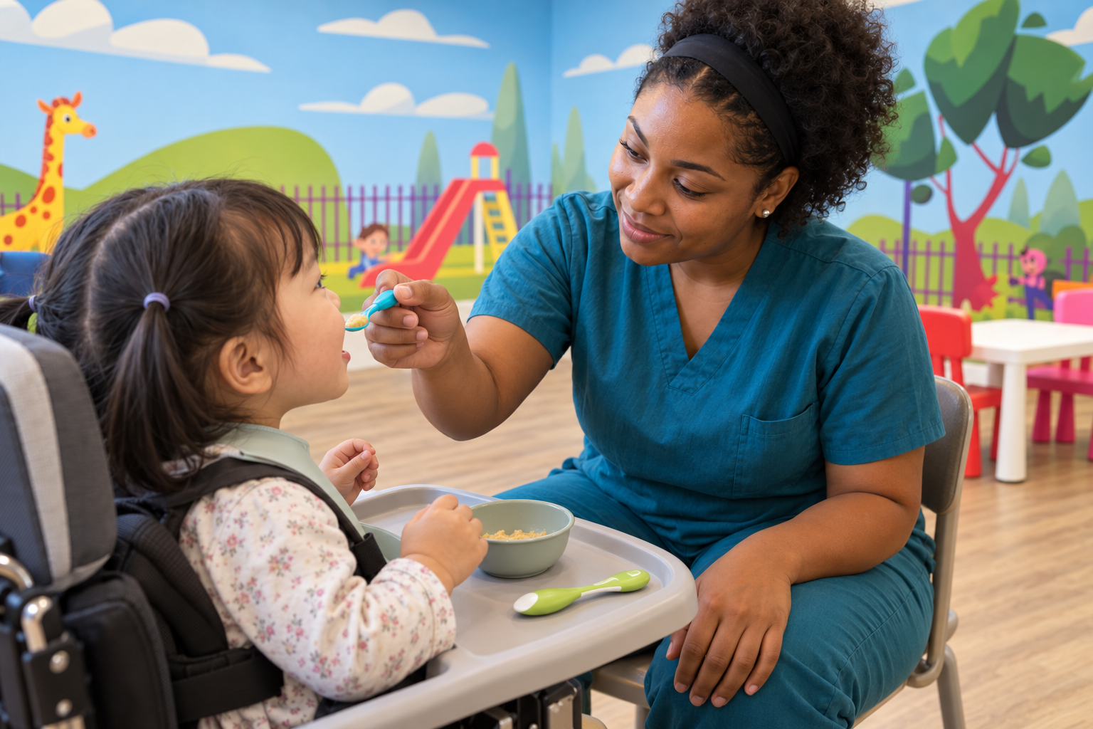 Escena generada por IA de una terapeuta de alimentación guiando a un niño pequeño que practica comer con una cuchara