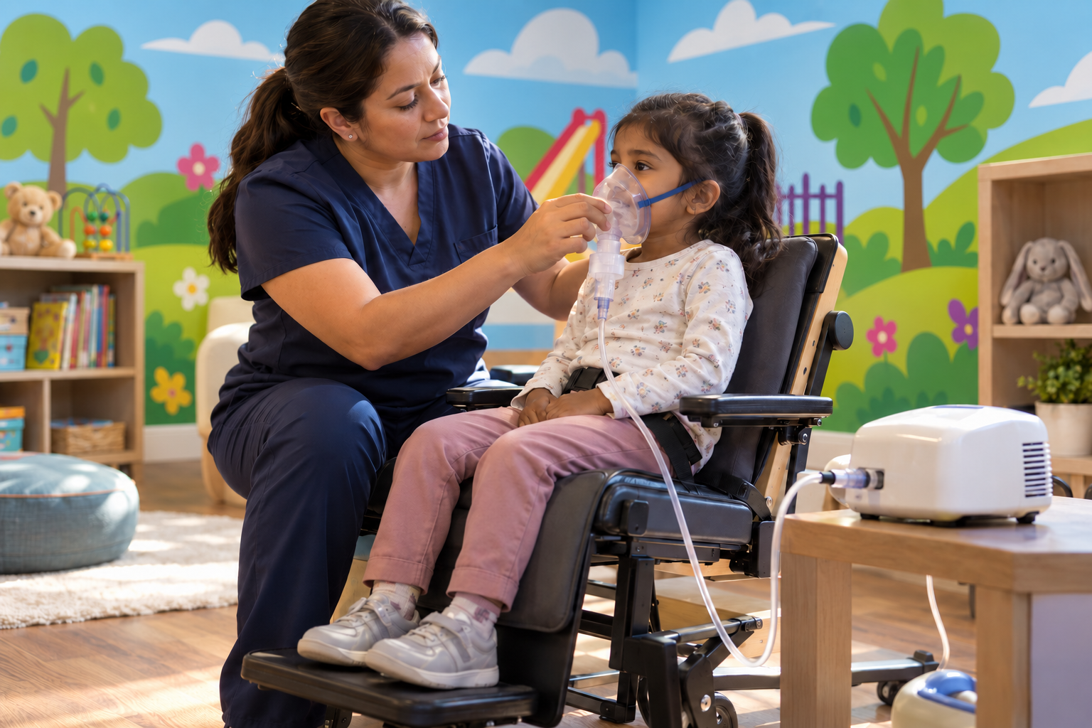 Escena generada por IA de una terapeuta respiratoria apoyando a un niño durante un tratamiento con nebulizador